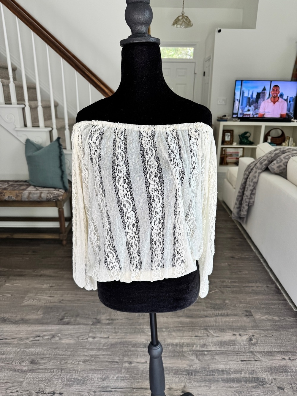 Off-the-Shoulder Ivory Lace Peasant Blouse